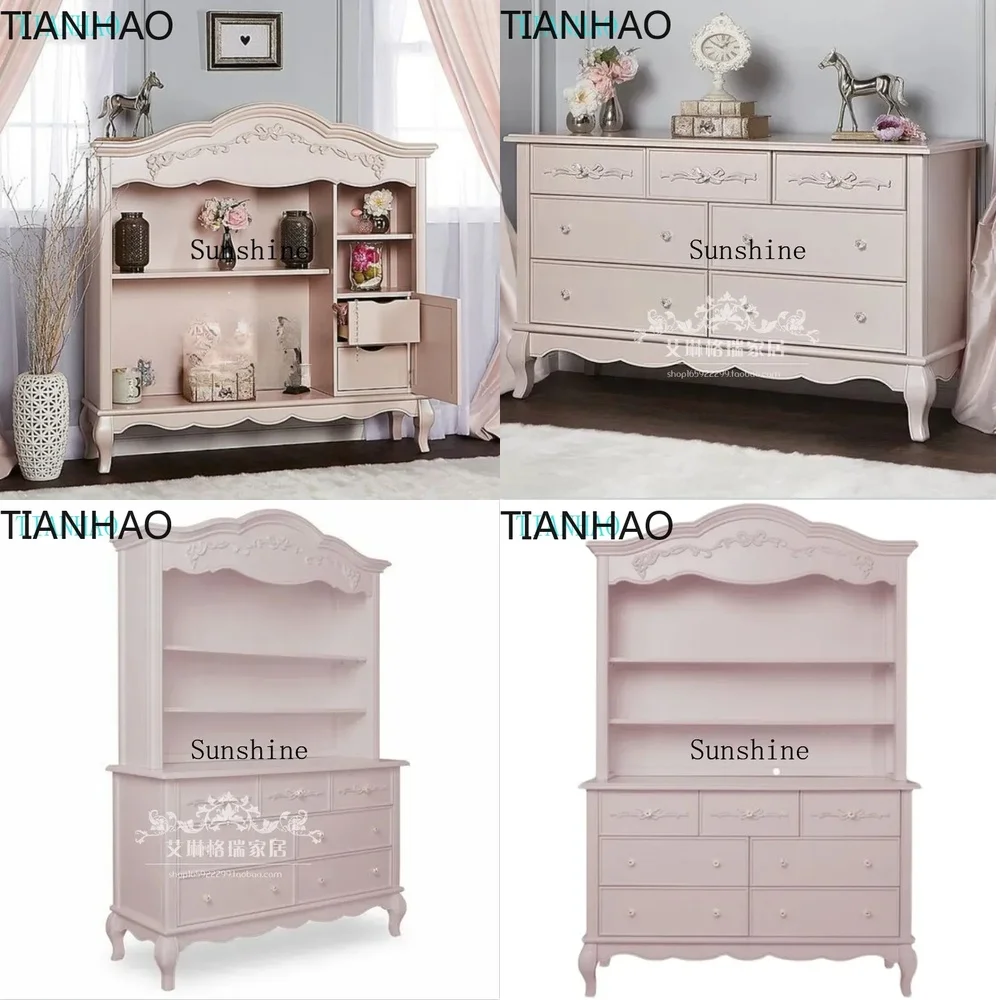 French Solid Wood Kids Bookshelf with Pink Princess Carving
