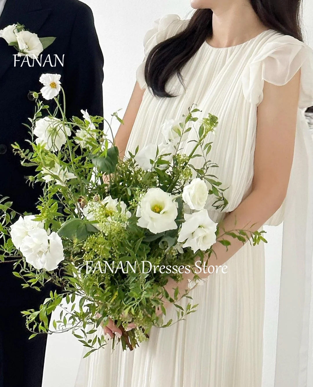 FANAN Korea O-Neck Short Sleeves Wedding Dresses 웨딩드레스 Ivory Satin Pleated Ruched Vintage Customized Bride Gowns Plus Sizell