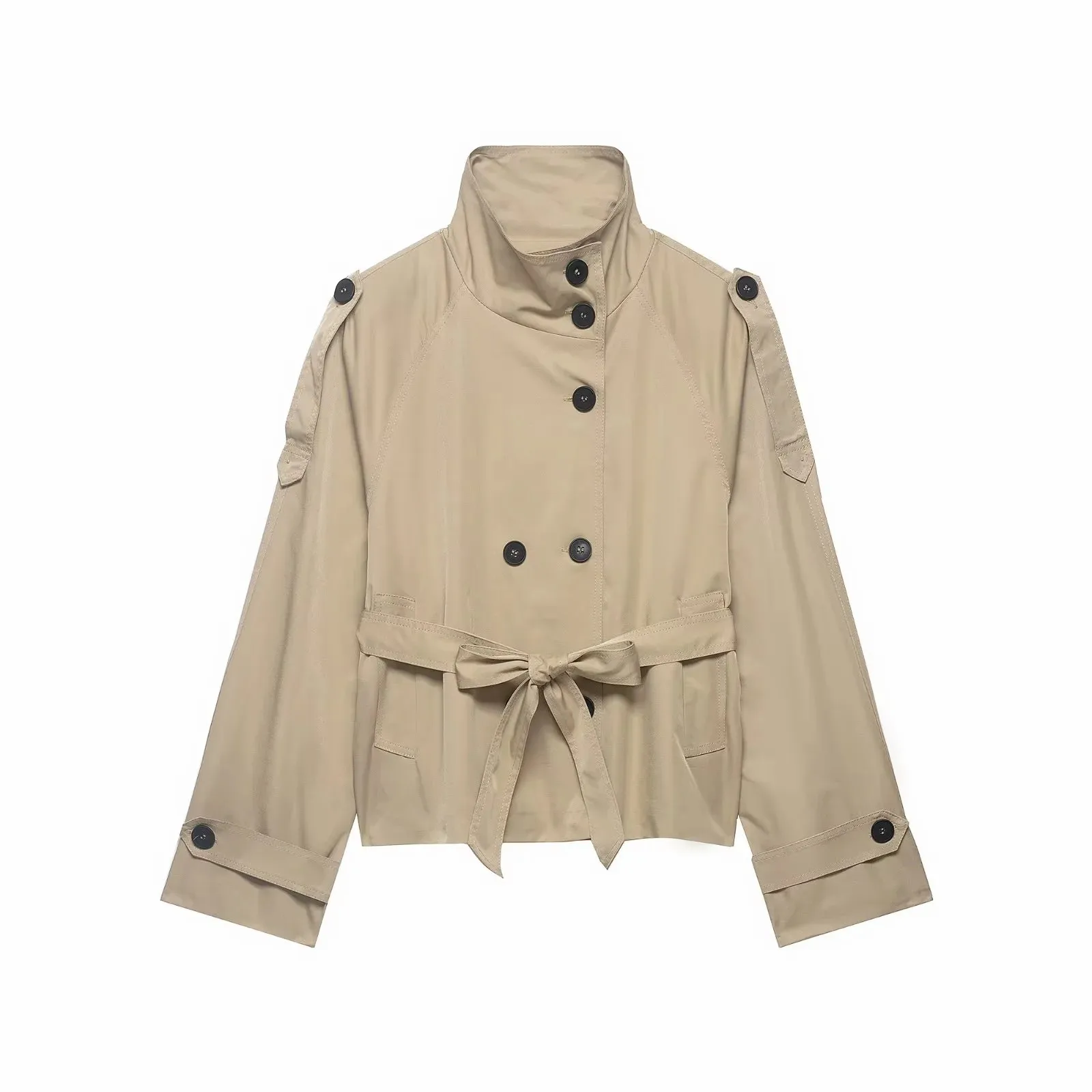 Damen Cropped Trenchcoats Herbst-Outfit für Frauen Doppelreihige Stehkragen-Mäntel Damen Casual Vintage Jacken – Detail 3