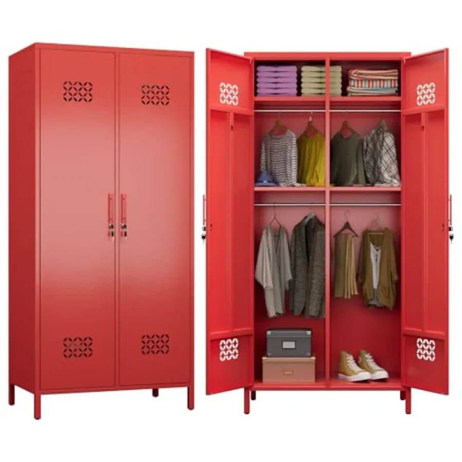 Metal wardrobe closet for home or office use, red finish, durable steel construction with 4 adjustable shelves and 2 hanging ro