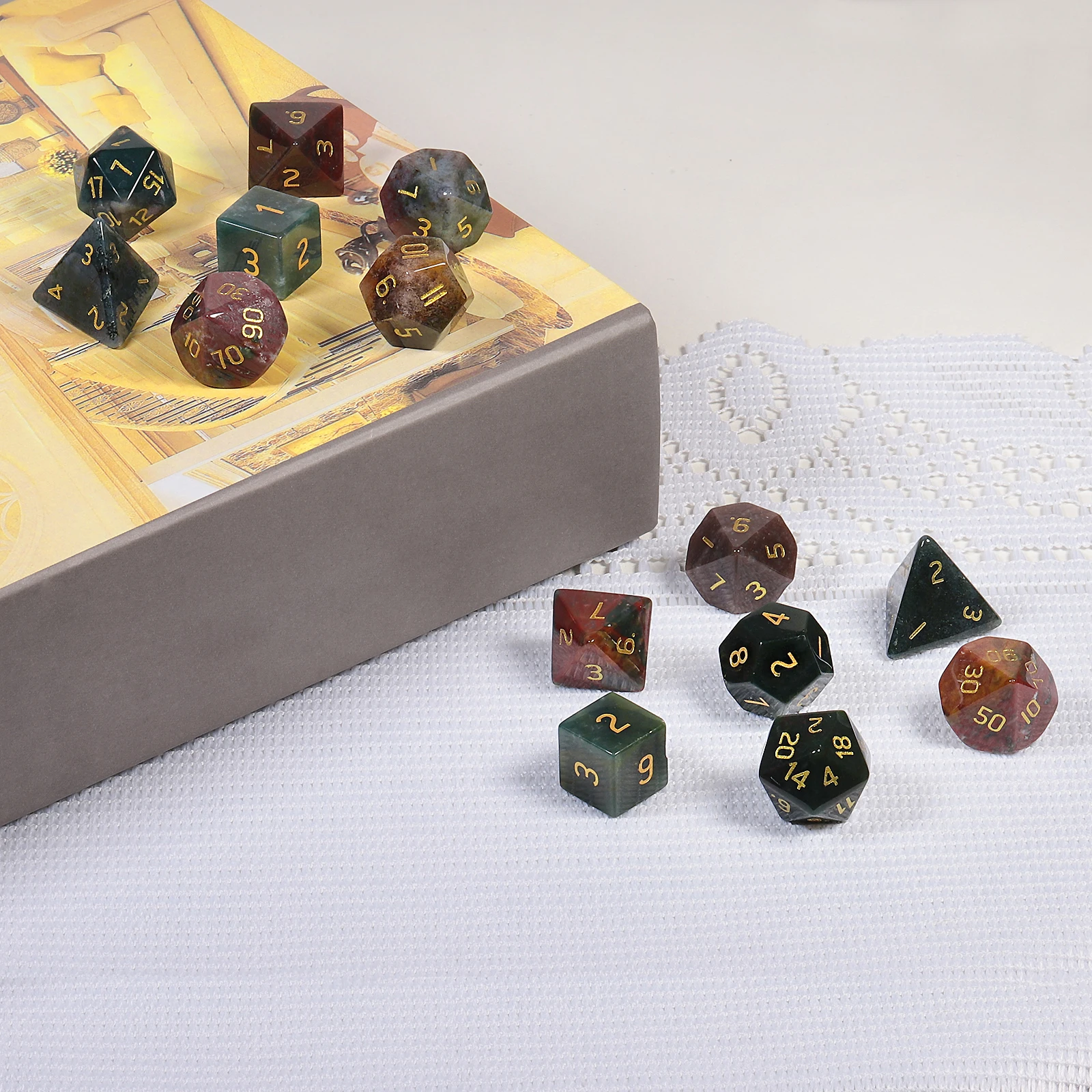 TUMBEELLUWA-Juego de dados DND poliédricos de piedra de cristal Natural para juegos de mesa RPG MTG, decoración del hogar, 7 unidades por juego