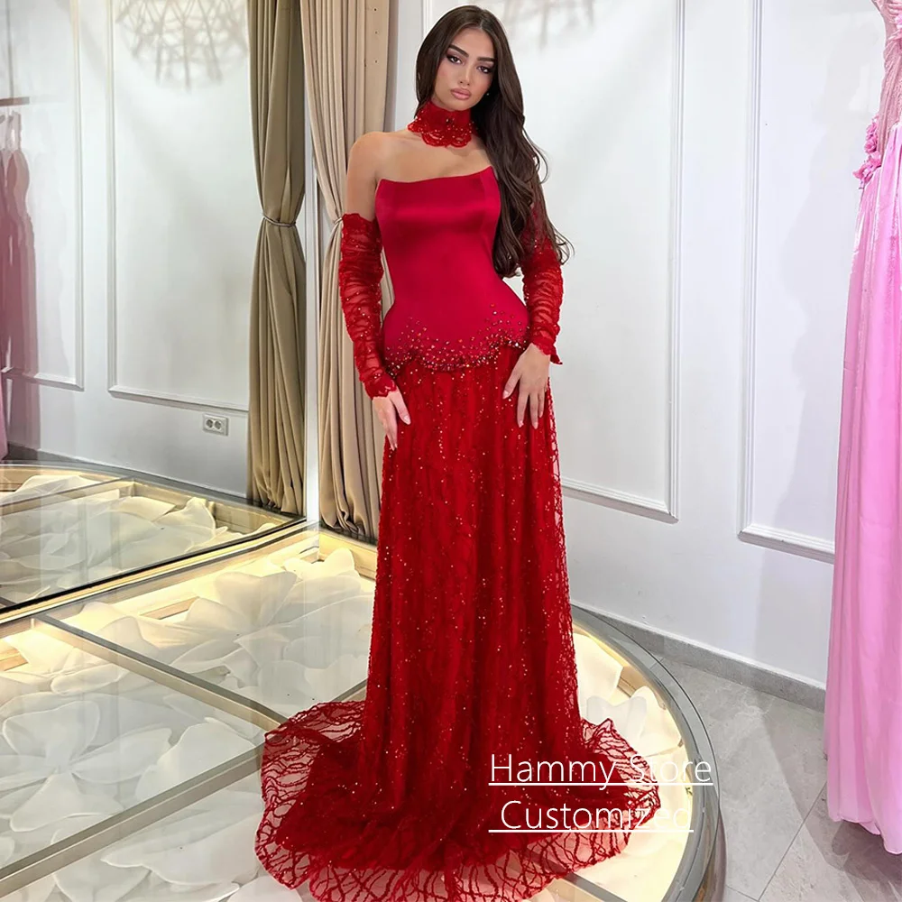 

Арабское вечернее платье для женщин, индивидуальный пошив, из двух частей, с длинными рукавами, украшенное жемчугом и стразами, из блестящего фатина, силуэт А-силуэт, для вечеринок