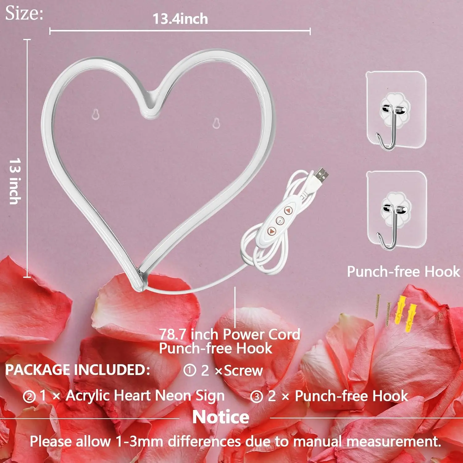 หัวใจสีชมพูป้ายนีออน,Neon Heart Light สําหรับตกแต่ง, love Heart LED Light up Sign 13.4 × 13 นิ้ว USB Powered โรแมนติก