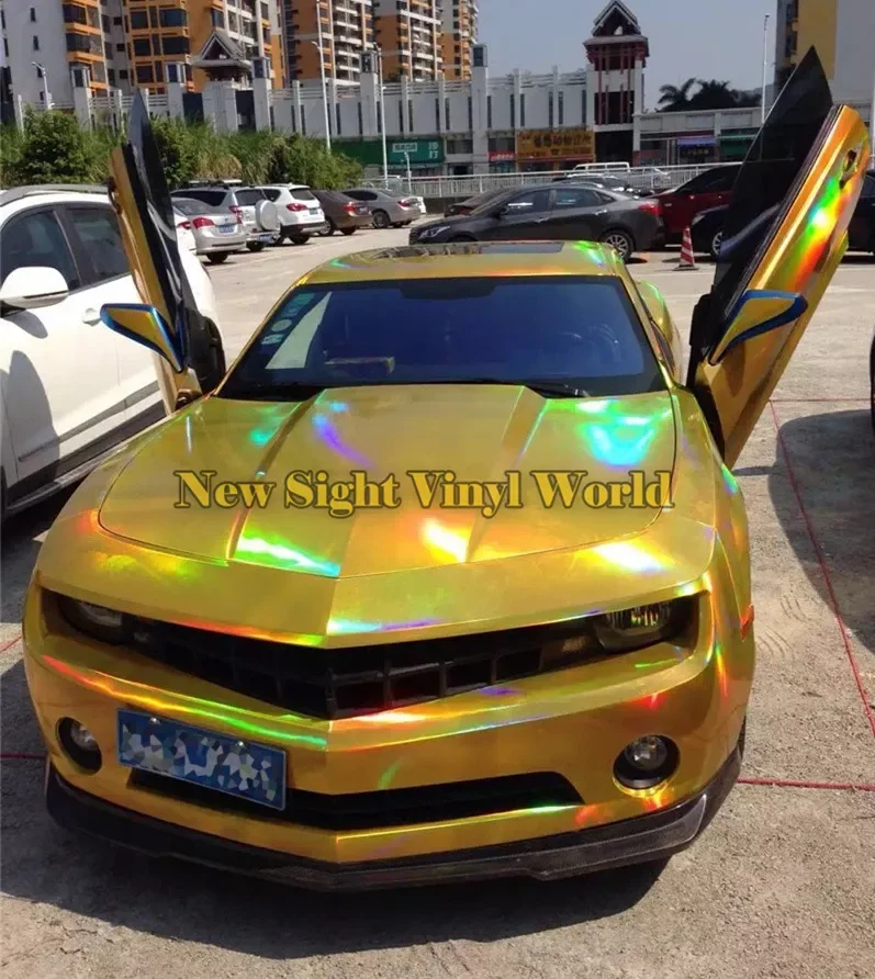 Best Quality 3 Layers Rainbow Gold Chrome Holographic Vinyl Wrapping Film Bubble Free For Car Wrapping Size:1.50*20M