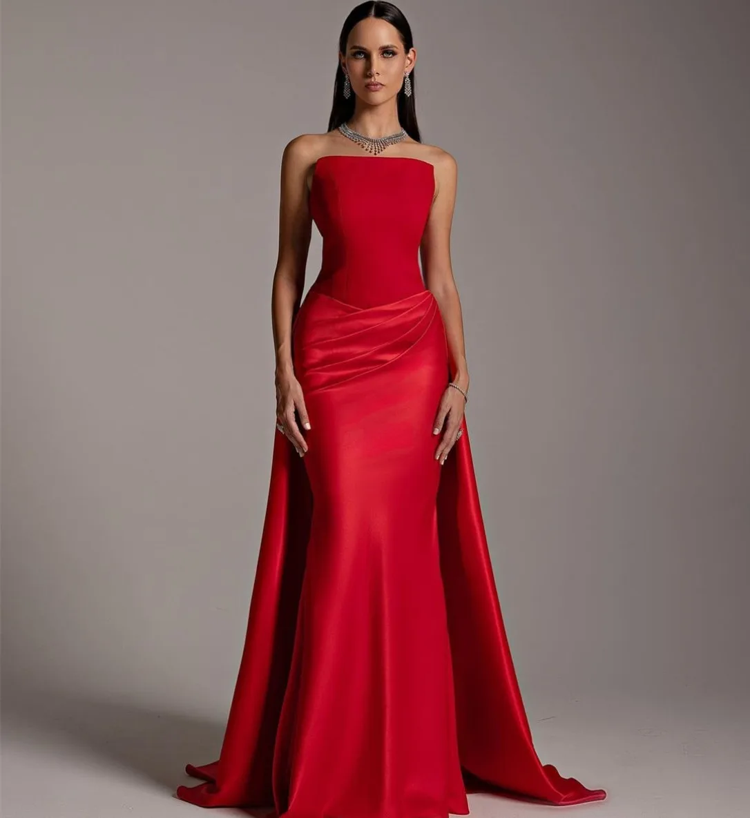 Elegant Long Red Satin Evening Dresses with Train Sheath Strapless Zipper Back Floor Length Prom Dresses for Women