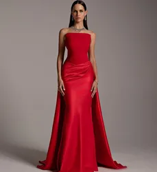 Elegant Long Red Satin Evening Dresses with Train Sheath Strapless Zipper Back Floor Length Prom Dresses for Women