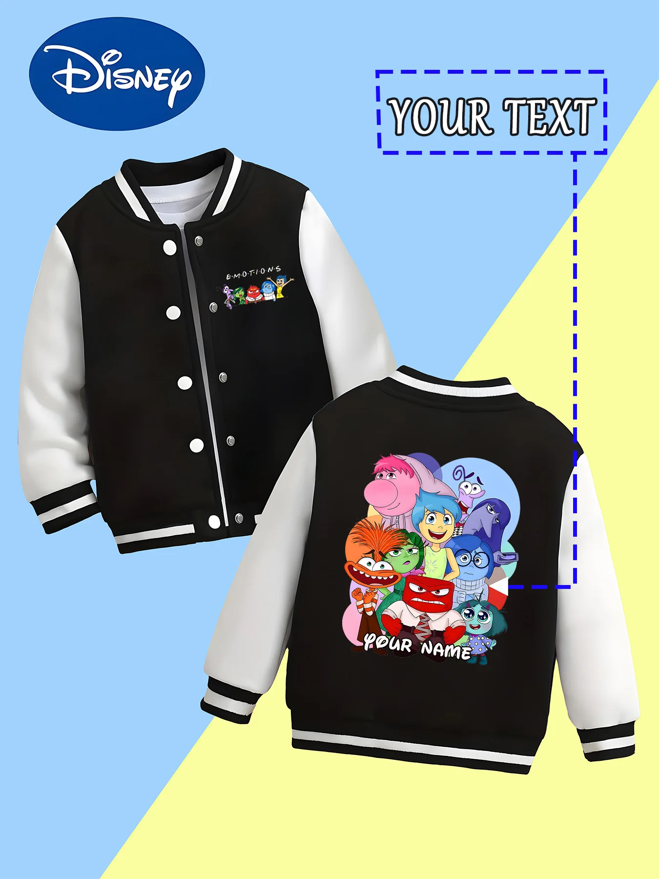 

MINISO Disney's "Inside Out" boys' baseball jacket - featuring a fun collection of emojis, customizable with "YOUR NAME." This b