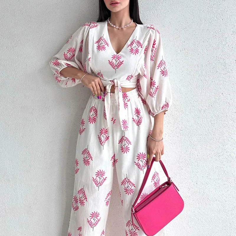 Women\'s Pure Cotton Suit 2024 Summer New V-Neck Temperament Printed Puff Sleeve Top and Trousers Women\'s Two-Piece Set