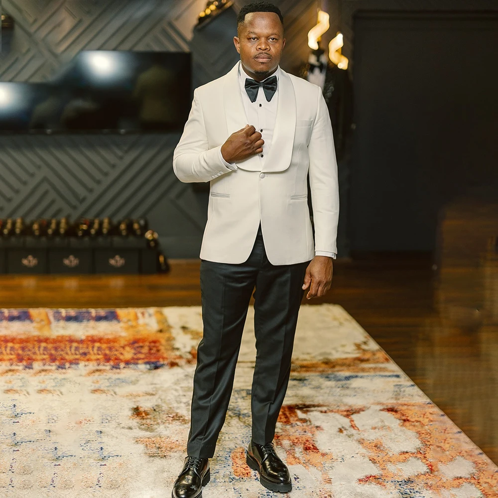 

Yimi 2 Piece White Suits Shawl Lapel A Single Button Back Vent Wedding Evening Men Suit Slim Male Groom Blazers Pants Customized
