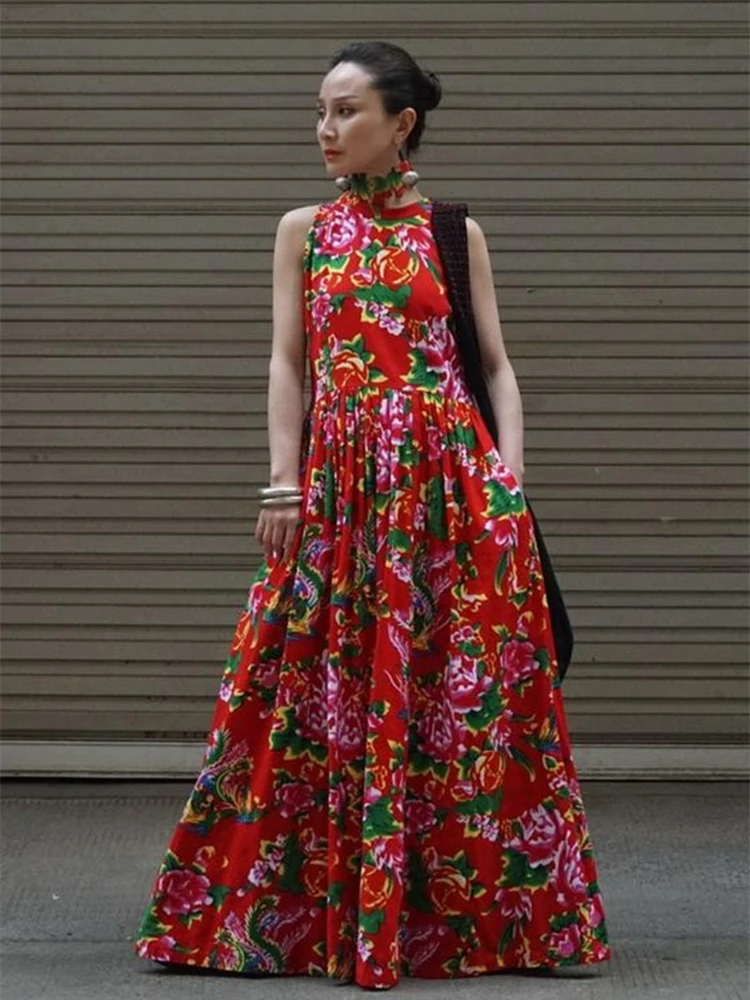 TIYIHAILEY Women Long Maxi Cotton Dress Spring  Summer Sleeveless Printed Red S-3XL New Fashion Ladies Big Hem Custom Made