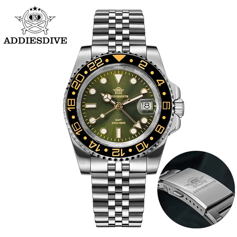 ADDIESDIVE Men Watch Reloj Hombre BGW9 Super Luminous 316L Stainless Steel 20Bar Waterproof Swiss Ronda 515-24H GMT Quartz Watch