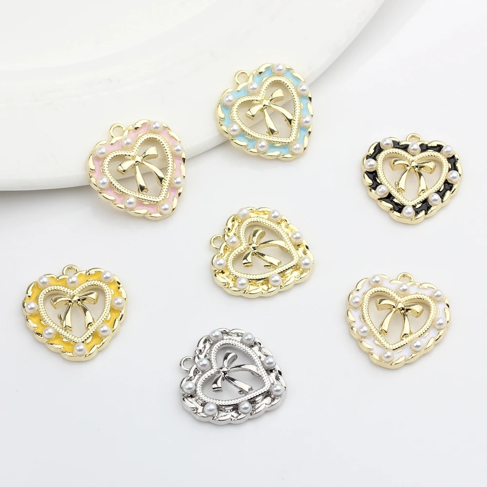 Zinc Alloy  Enamel Hollow Lace Heart Bow-knot Charms 6pcs/lot For DIY Jewelry Making Drop Earrings Accessories