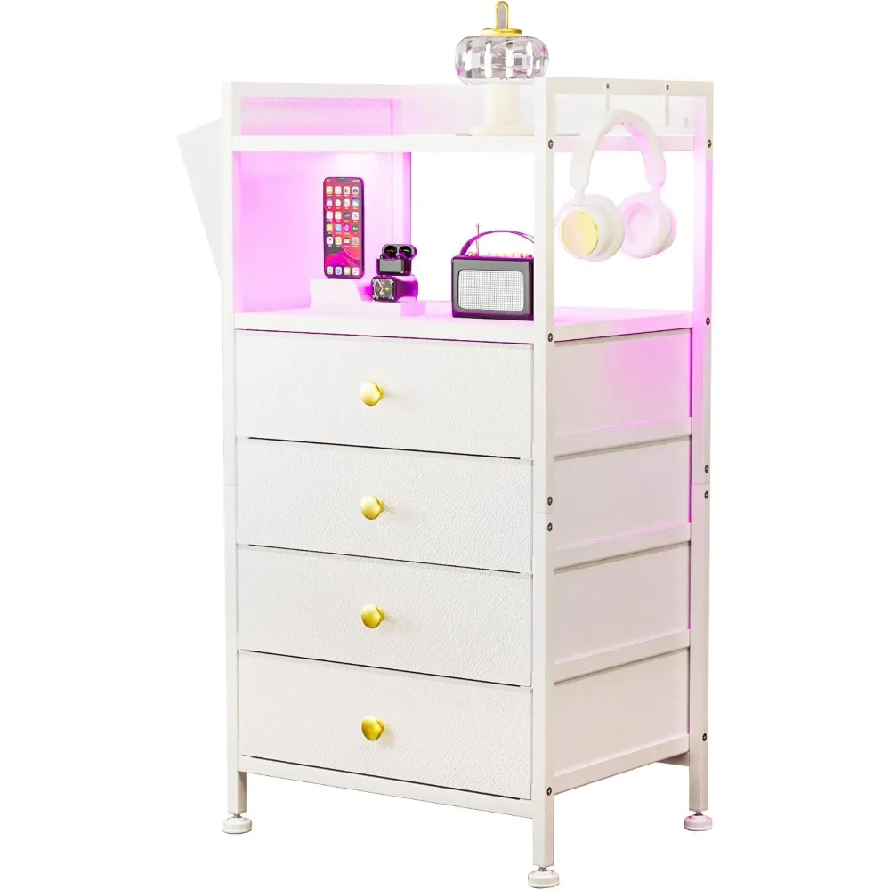 

with Charging Station LED light Nightstand Bedroom Bed Side Dresser with Fabric Drawers