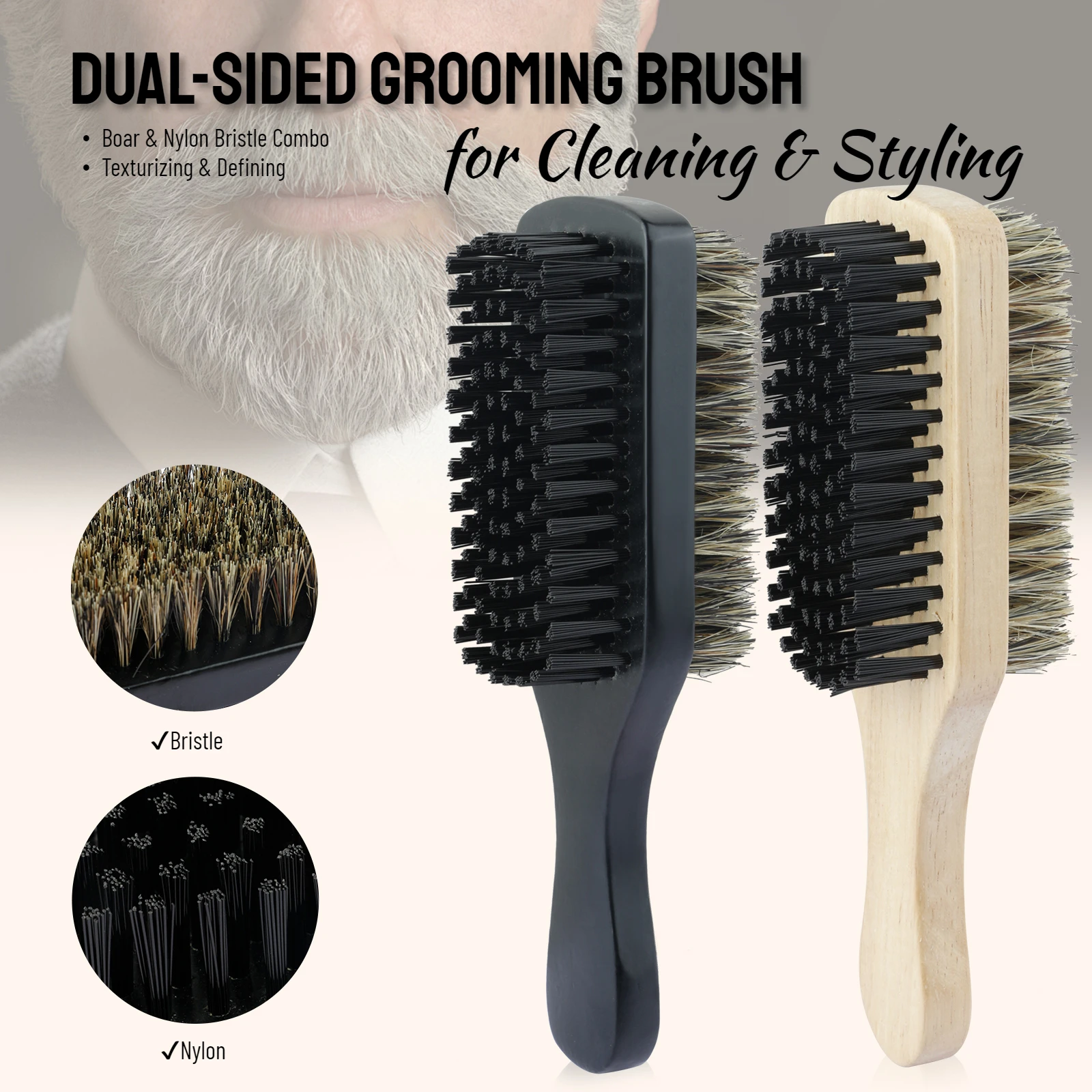 Medium Wooden Handle Double-Sided Beard Brush Nylon Bristles Gradient Layering Styling Brush Multi-Functional Haircutting Tool