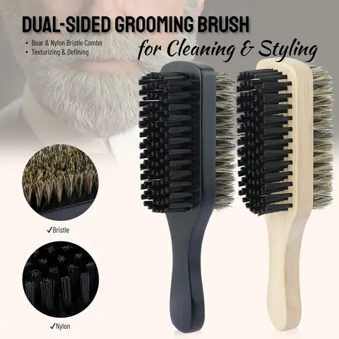 Medium Wooden Handle Double-Sided Beard Brush Nylon Bristles Gradient Layering Styling Brush Multi-Functional Haircutting Tool