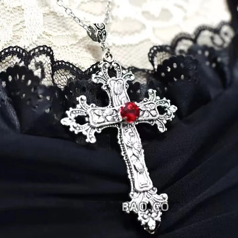 Y2K Vintage Baroque Christian Cross Necklace for Women Men Silver Color with Red Crystals Gothic Crucifix Easter Unisex Jewelry