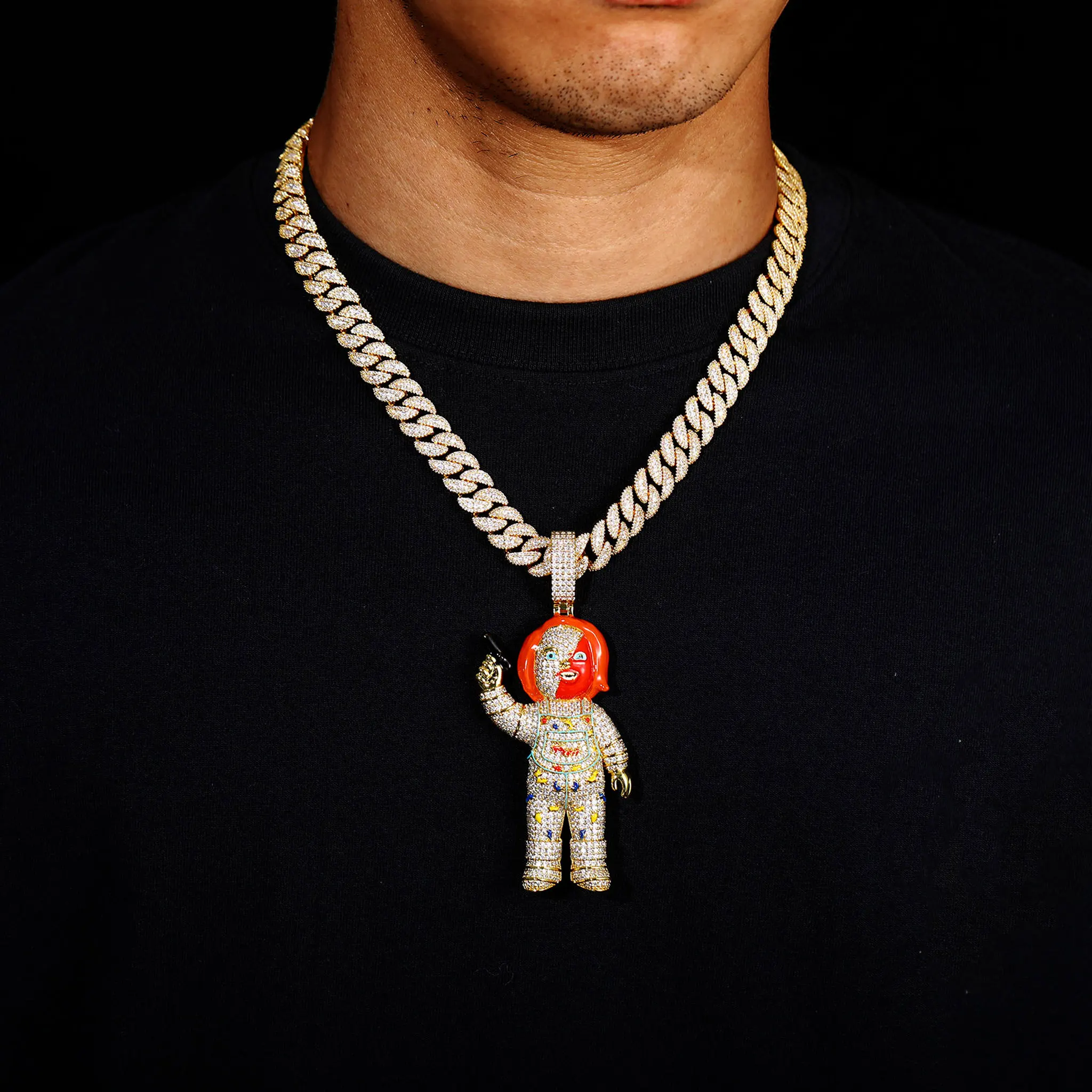 

Popular men's large-sized shiny horror doll pendant with zircon enamel colorful details fashion jewelry Halloween gift birthday
