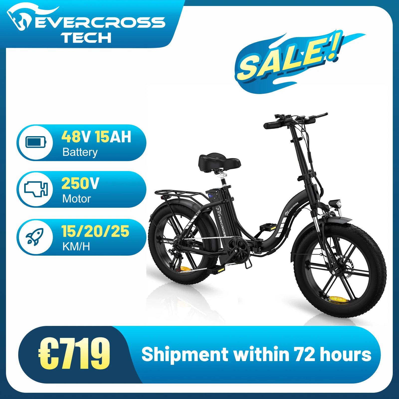 EVERCROSS TECH EK6 electric bikes for adults, foldable electric bike with 20 x wide tires, electric mtmtto