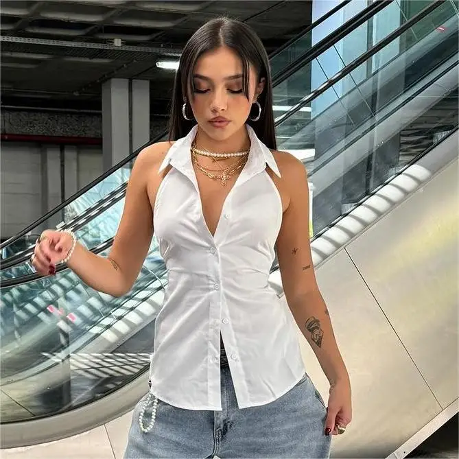 Polo Collar Backless Tanks 2024 Summer Fashion Soild Sleeveless Single Breasted Halter Lace-up Shirt Tops Office Lady Streetwear