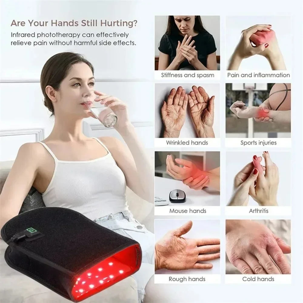 Terapia de luz roja e infrarroja, dispositivo LED de doble cara para alivio del dolor de manos, guante de manopla infrarrojo cercano para artritis,