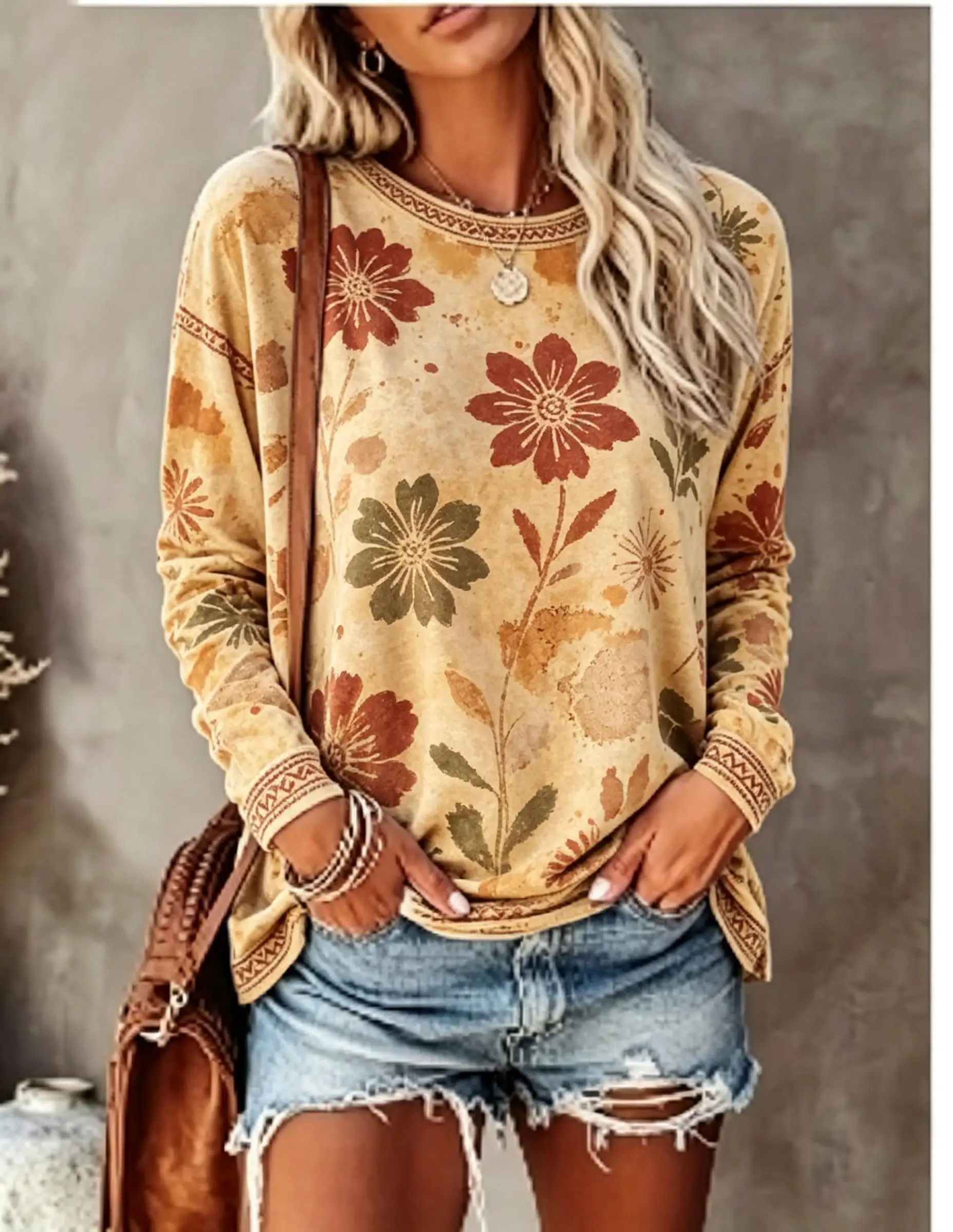 Women Crew Neck Long Sleeve T‑Shirt, Vintage Floral Rose Print Casual Loose Pullover Tops view 2