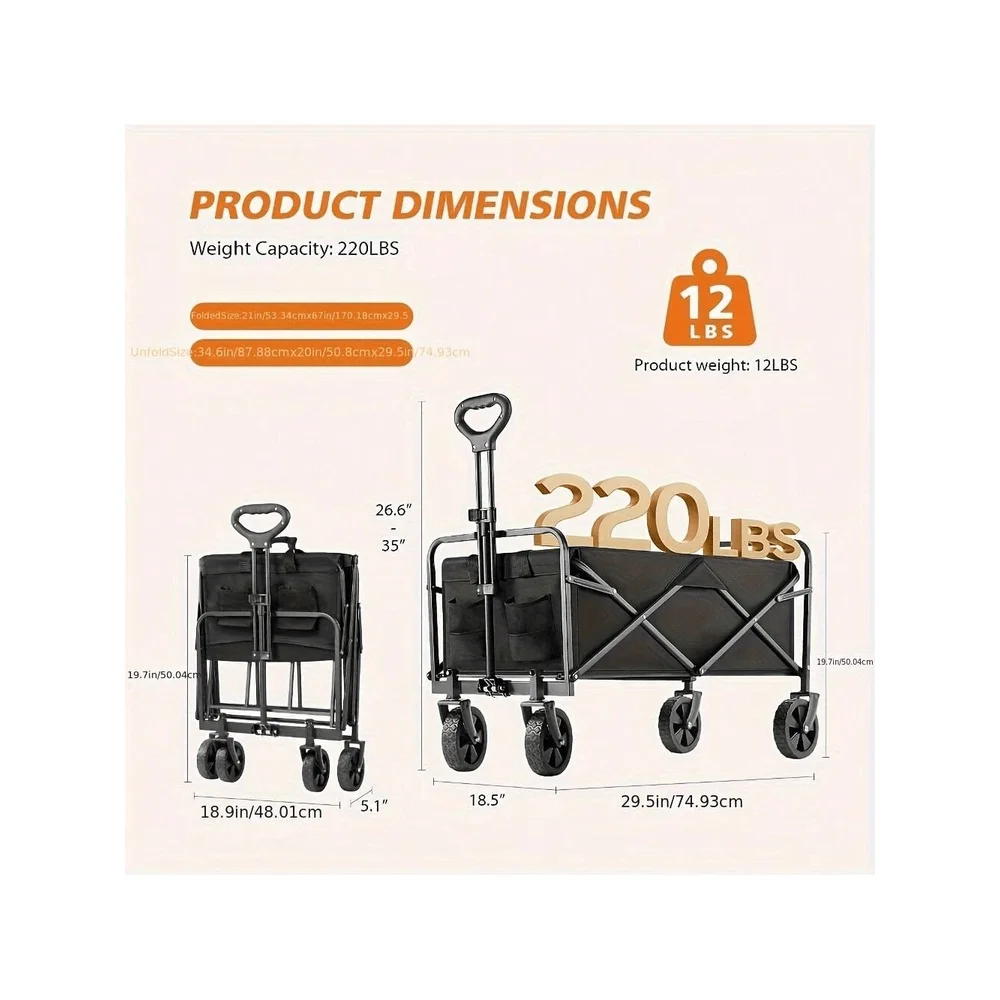 

Collapsible Foldable Wagon Cart, 220LBS Heavy Duty Utility Garden Cart With AllTerrain Wheels For Beach, Lawn, Sports, Camping,