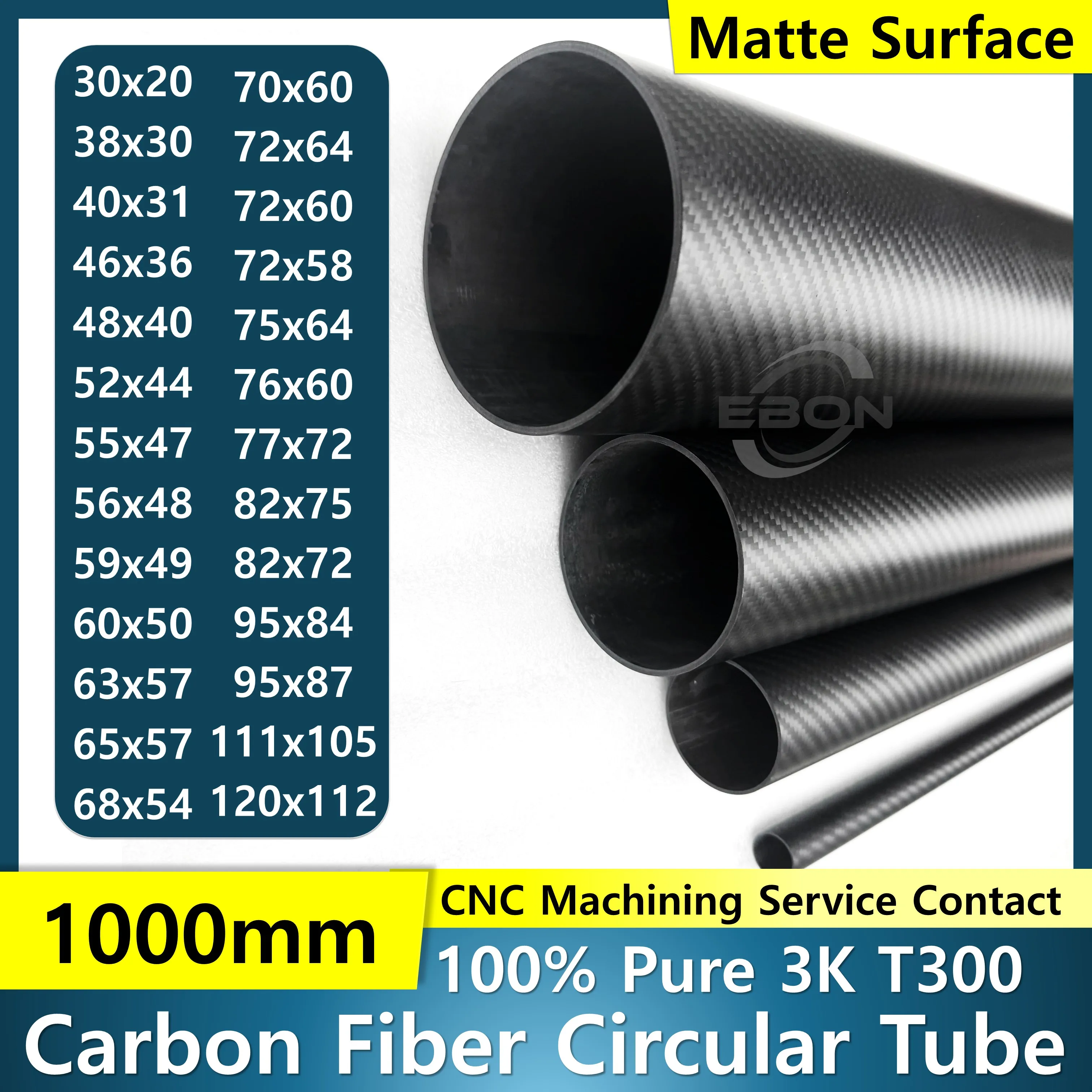 EBON 1Pcs 1000mm OD6mm 8mm 10mm 12mm 14mm 15mm 16mm 18mm 20mm 22mm 25mm 26mm 28mm 30mm 3K Carbon fiber tube plain weave glossy