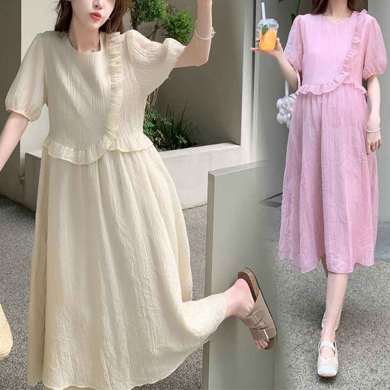 New Maternity Dress Summer Clothes For Pregnant Women Solid Lace O-Neck Cute Puff Sleeve Bow Pregnancy Vestido High Quality