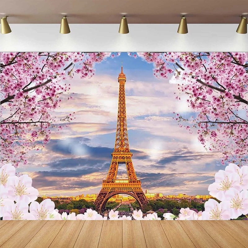 Photography Backdrop Paris Eiffel Tower Cherry Blossom Flower Sunset Background for Travel Vacation Portrait Photo Shoot Poster