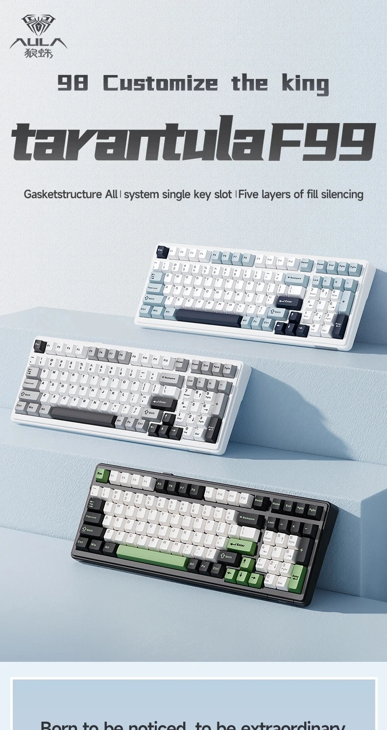 Aula F99 Gaming Mechanical Keyboard Three Mode 2.4g Wireless Bluetooth Wired Hot Swap PBT Gasket RGB For Games Typing 99 Keys