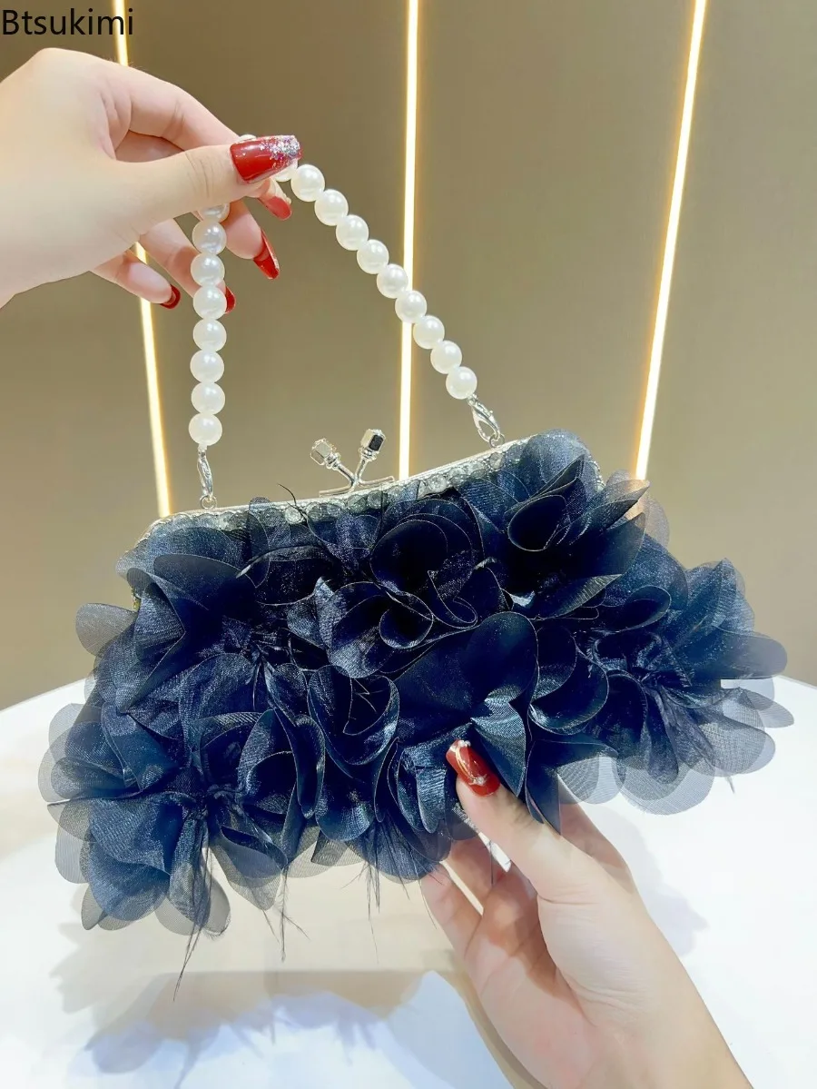 3D Flower Evening Clutch Bag Sweet Style Wedding Romantic Bridal Handbag Purse Metal Handle Banquet Dinner Dress Bags with Chain