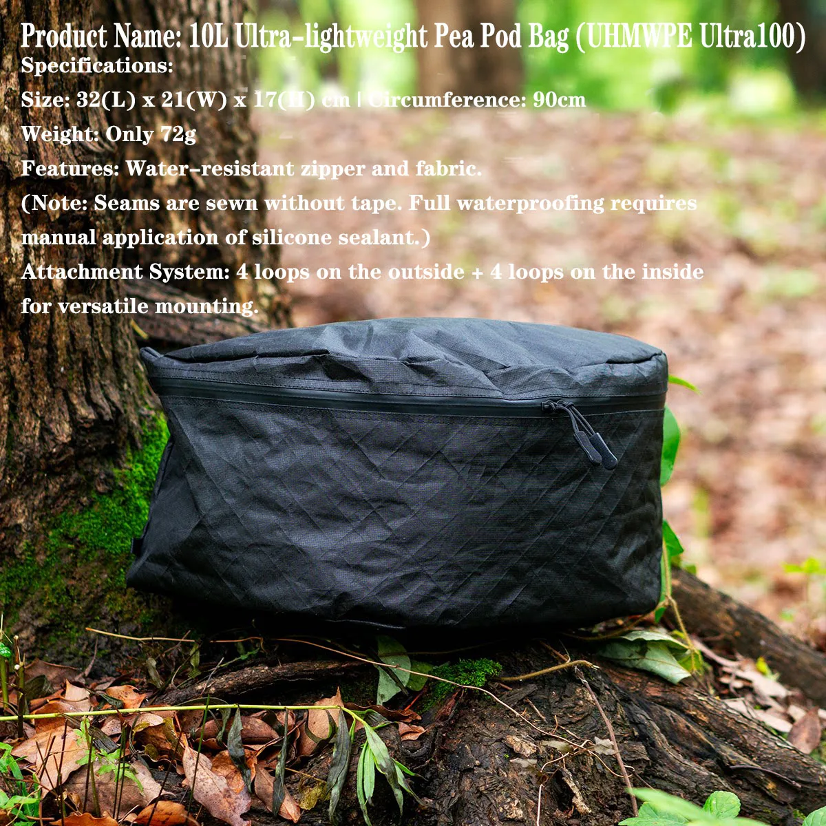 Ultra 100X Water-Resistant Packing Pea Pod Bag UHMWPE Stuff Sack Multiple Loops, For Backpacking Hiking & Travel Storage 7L 10L