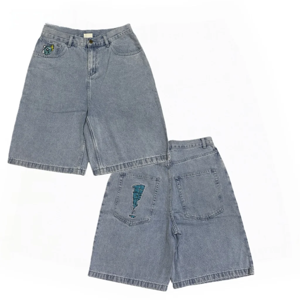 

Beekt Street Dance Bboy Heavyweight American Retro Hip Hop Skateboard Embroidered Jeans Straight Leg Short Pants Youth Sport