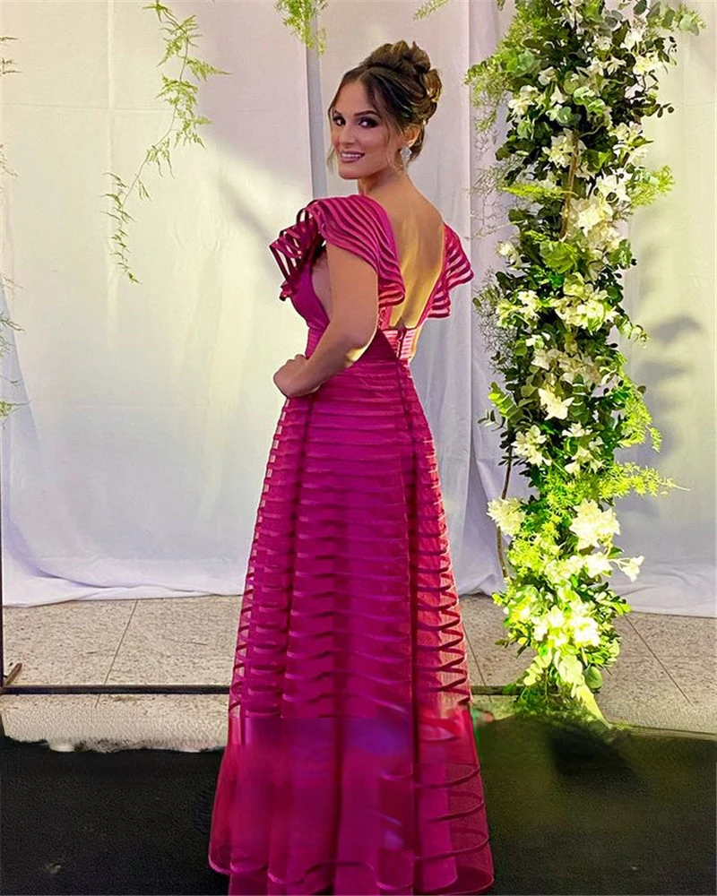 Fuschia A Line Long Evening Dresses V Neck Cap Sleeves Floor Length Prom Dress Women Party Special Occasion Dress