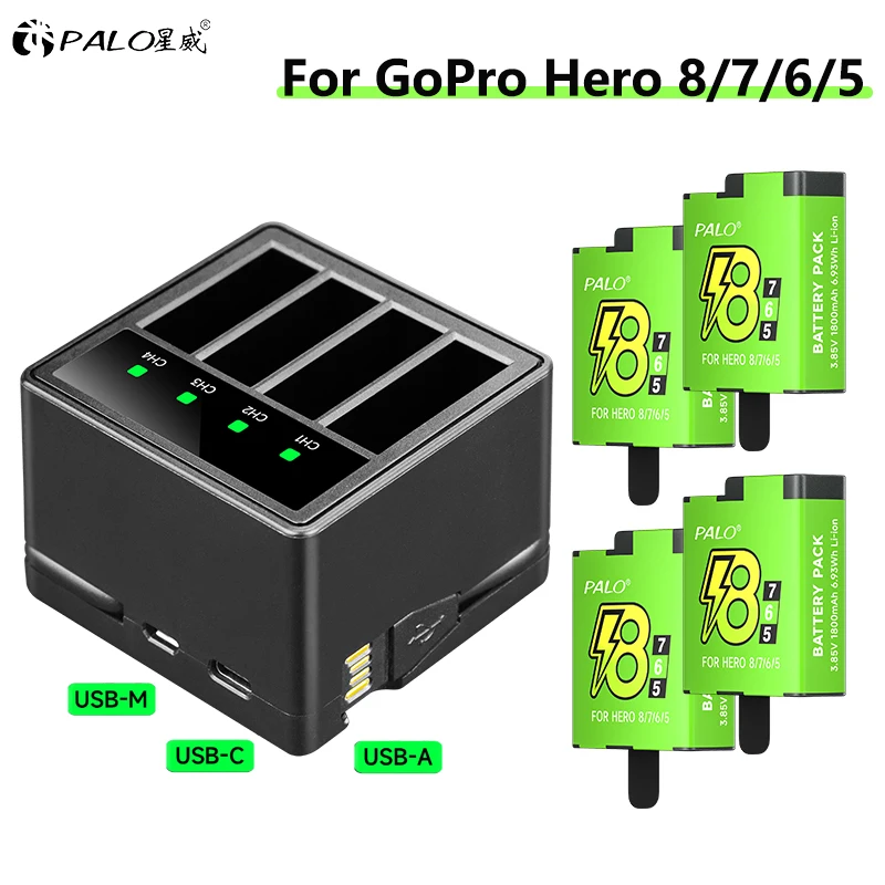 For GoPro Hero 8 hero 7 hero8 Battery or 4Slots LED Light Battery Charger Storage Box Type C Cable For GoPro Hero 5 6 7 8 Camera