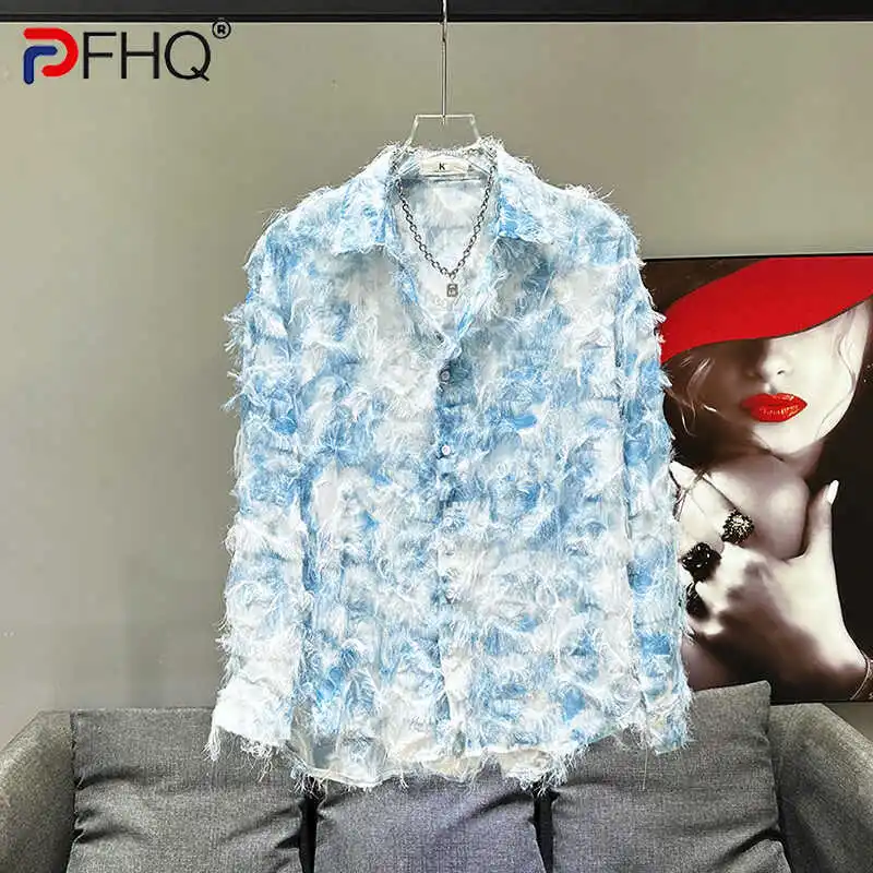 PFHQ Men\'s Summer Long Sleeved Tops Trendy Transparent Three Dimensional Tassel Contrast Color Cool Popular Male Shirts 21Z4333