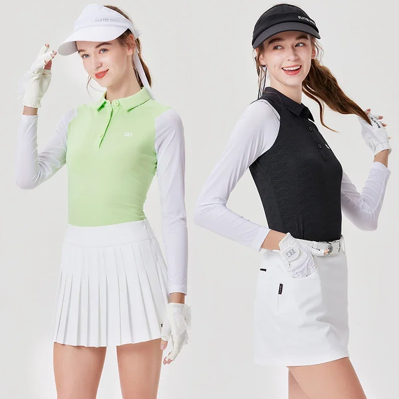 

Blktee Women Ice Silk Cooling Shirt Golf Long-sleeved Sunscreen Shirts Anti-glare Golf Pleated Skirt Lady Split Pencil Skort Set