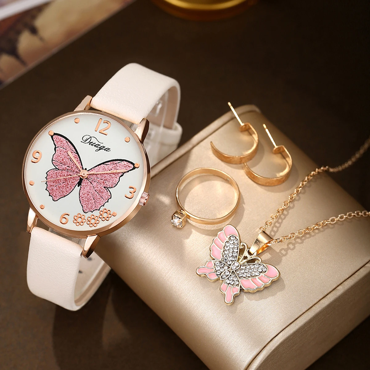 

5pcs women's exquisite and cute fashion watch + necklace + earrings + ring set, birthday gifts and holidays gifts