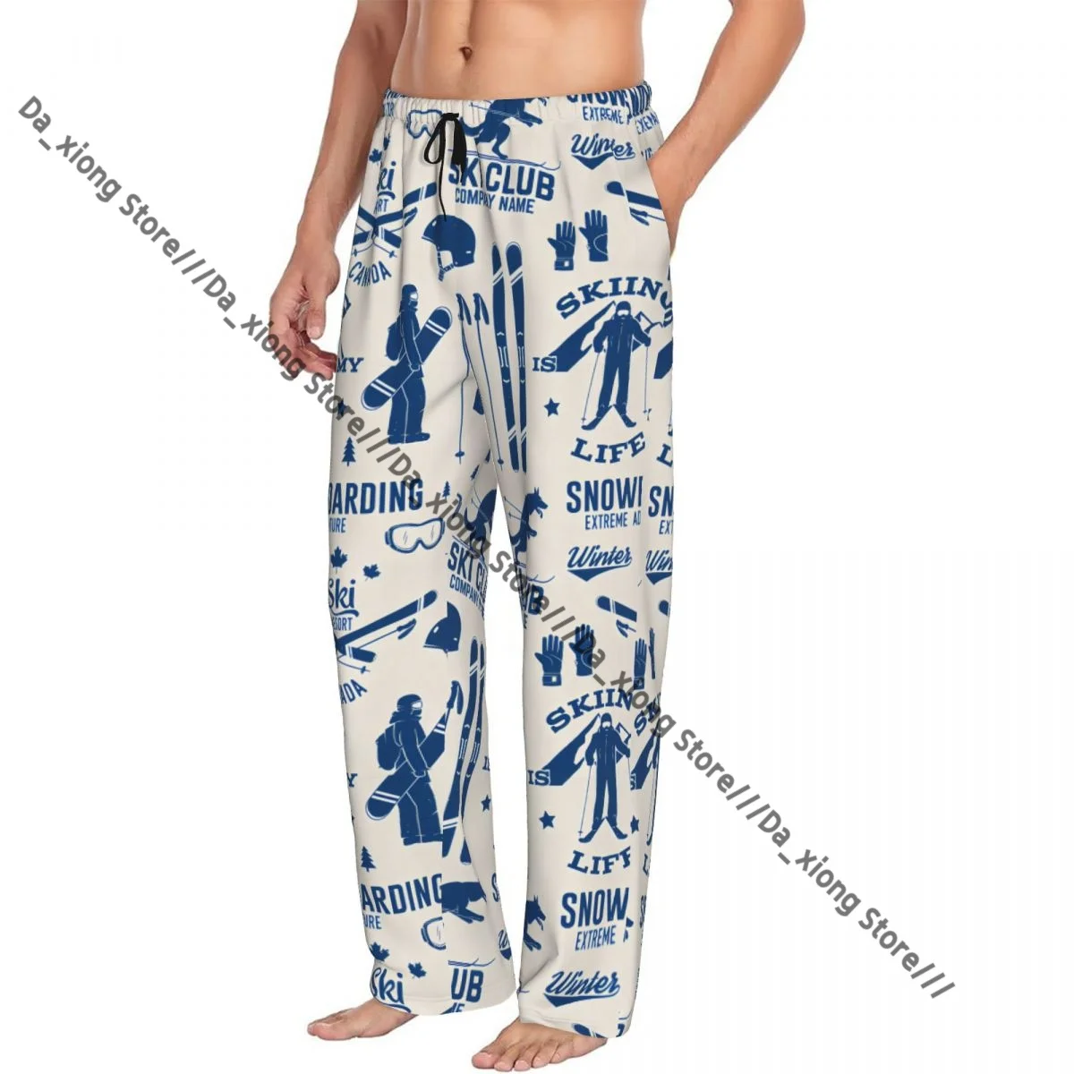 

Mens Casual Pajama Long Pant Loose Elastic Waistband Ski Vintage Style Skiing Themed Motifs Cozy Sleepwear Home Lounge Pants