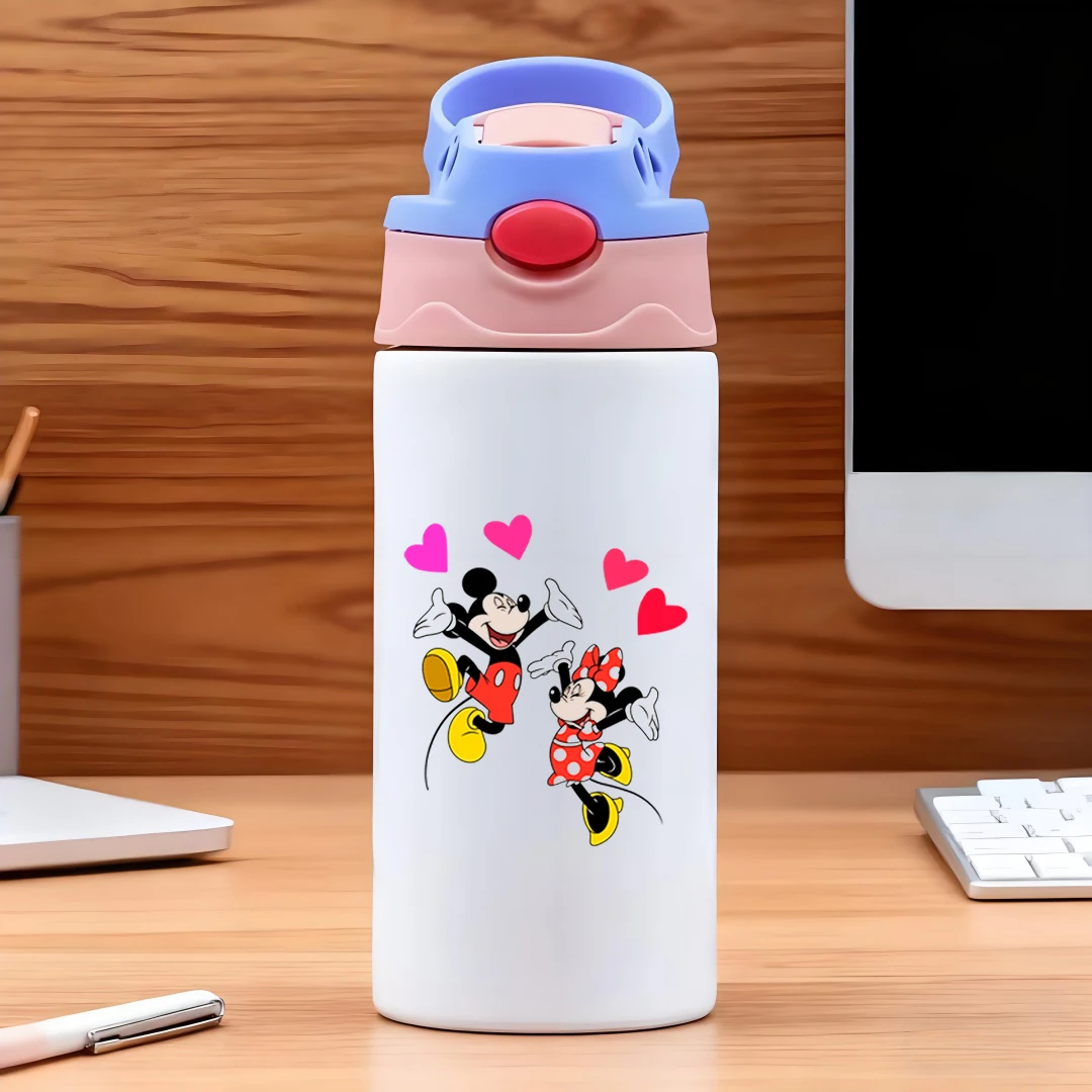 

Disney vacuum cup featuring classic Mickey and Minnie cartoon characters heartshaped pattern with rotating backgr