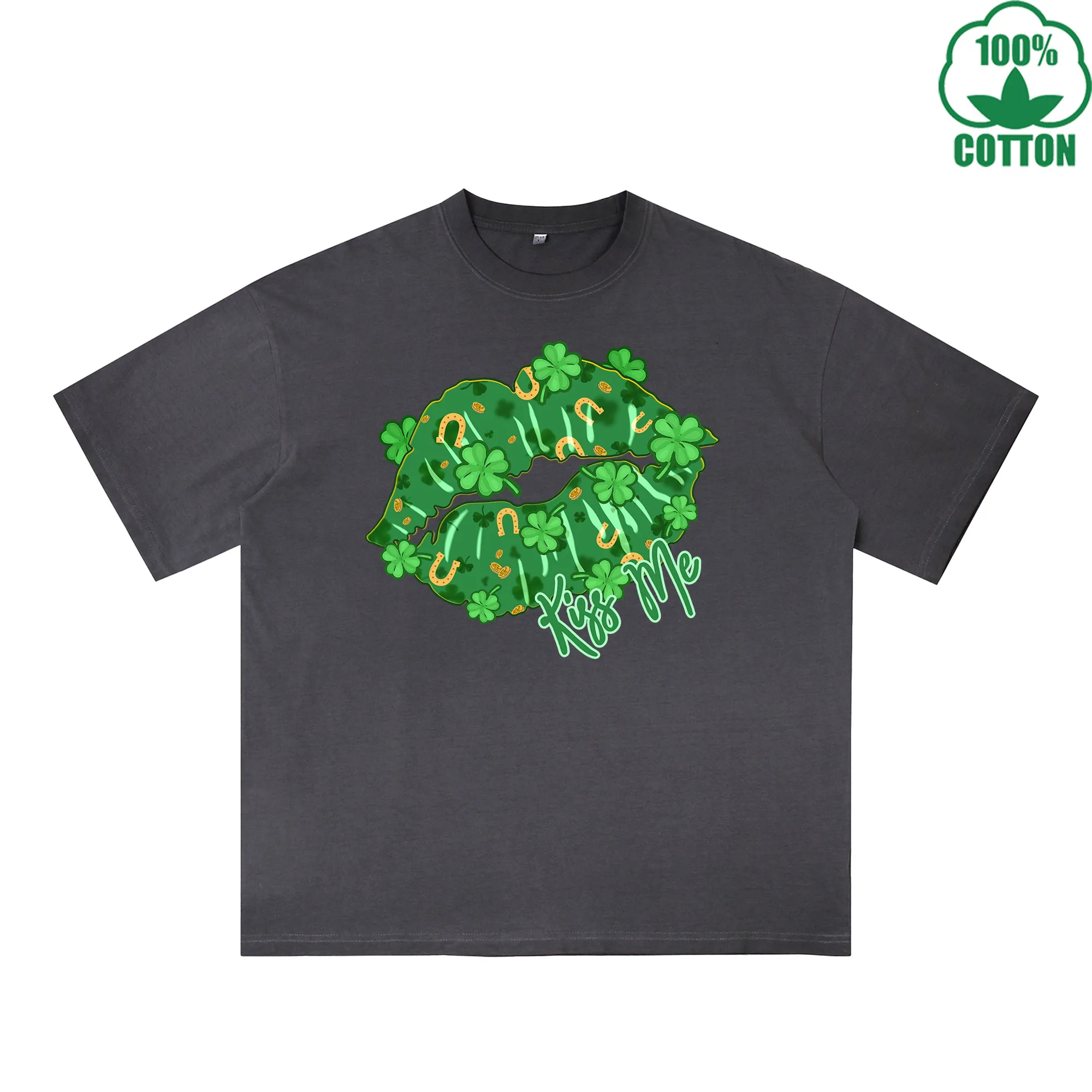 

Happy St Patrick's Day Printed Dirty WashT-Shirt 230G Multicolor Loose Trendy Fashionable 100%Cotton Short Sleeve Top