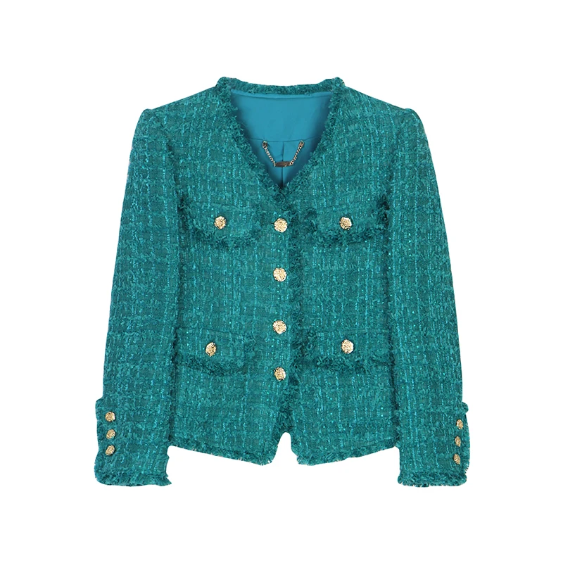 

Green retro tassel wool small fragrant style coarse woolen coat peacock blue spring new V-neck top