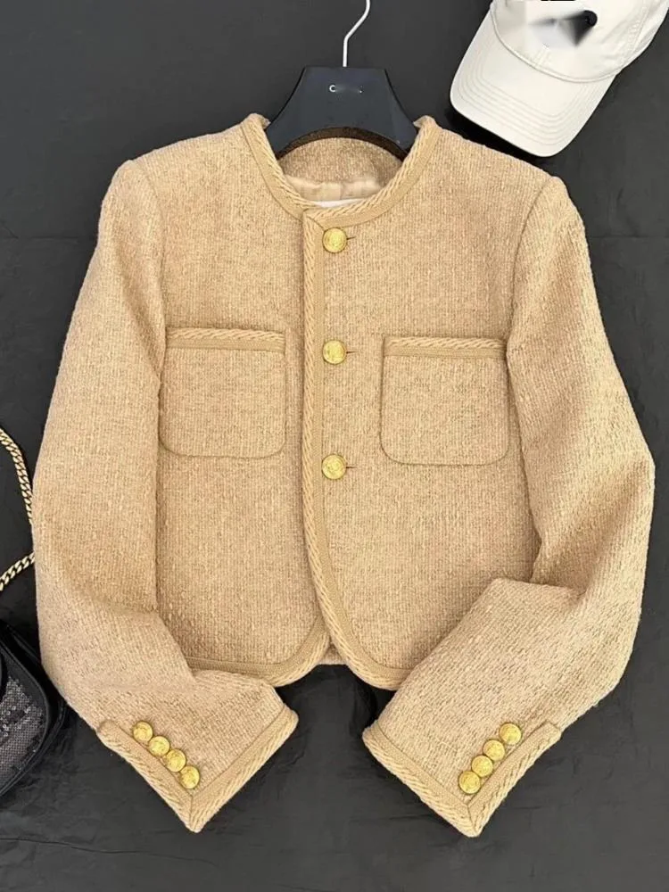 

2025 Autumn Winter New Korean Style Khaki Slim Fit Round Neck Small Fragrance Jacketes Heavy Craftsmanship High-end Short Coats