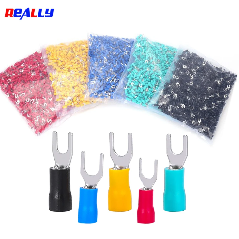 

500pcs SV2-3/4/5/6S Crimp Terminal Spade Fork Connectors AWG16-14 Copper Insulated Cord Pin End Quick Connect Fork Connectors