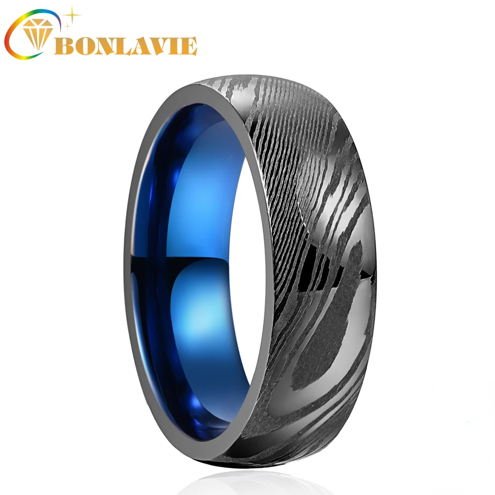 BONLAVIE 8mm Gun Grey Damascus Steel Blue Inner Ring for Men Fashion Wedding Rings Best Gift Size 7-12