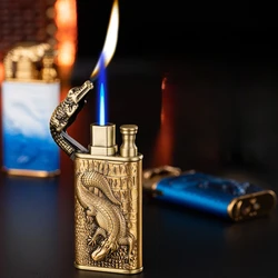 2024 3D Relief Dragon Crocodile Double Fire Lighter Metal Windproof Jet Fire Open Fire Conversion Gas Lighter Smoking Men's Gift