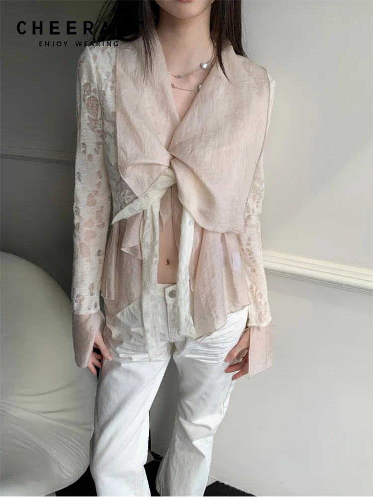 

CHEERART Spring 2025 Women Pink Designer Shirt Lace Up Long Sleeve Blouse V Neck High Street Fashion Top Clothing