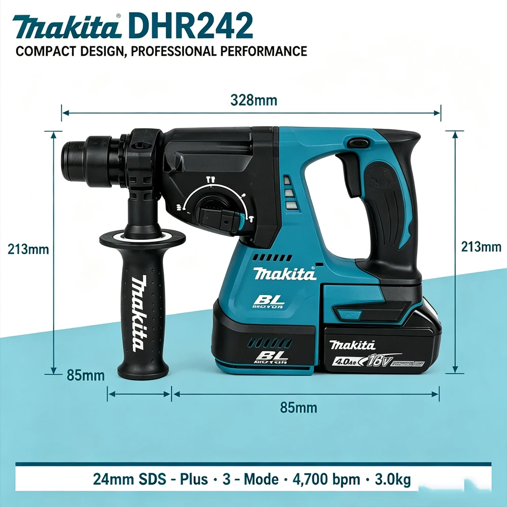 Makita DHR242, martello perforatore rotante SDS-Plus a batteria 18V, senza spazzole, 24 mm, 2.0, 3 modalità di funzionamento, include batteria da 6.0Ah, per la foratura del cemento, spedizione rapida