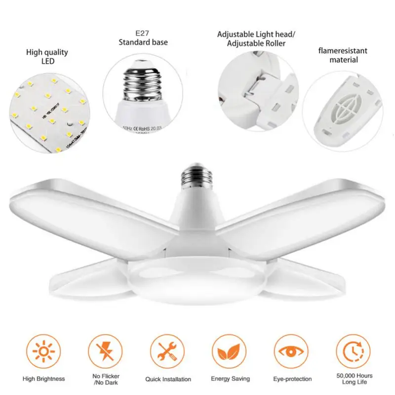 E27 Bulb LED Garage Light Bulb Foldable Fan Blade 38W 52LED White Light Energy Saving Ceiling Lamp  Industrial Lighting Lampada