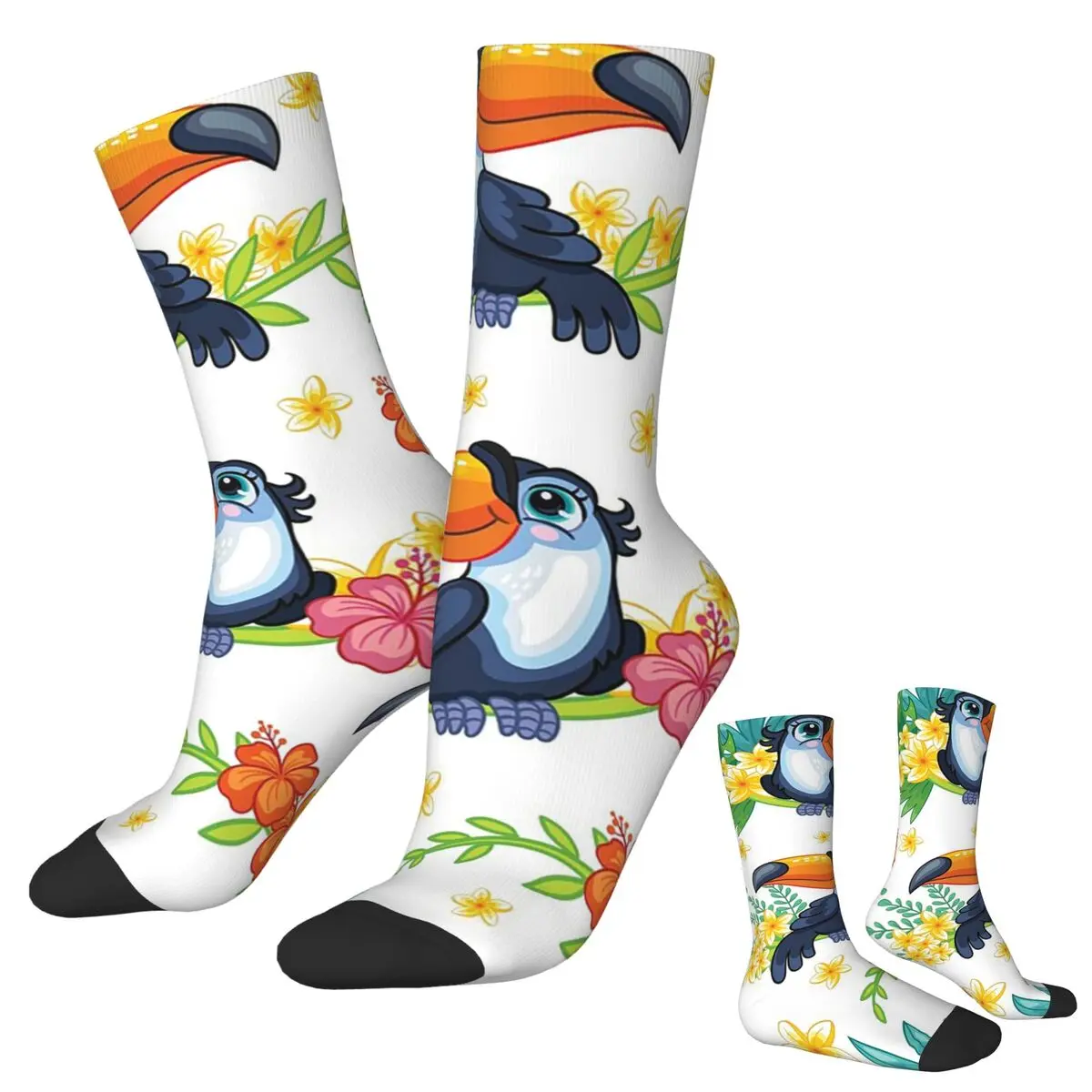 All Seasons Crew Stockings Toucan Tropical Flowers Design Socks Casual Long Socks for Men Women Valentine's Day Gifts